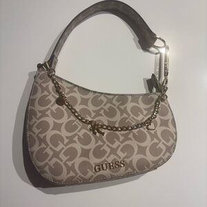 GUESS Taupe Logo Chain Shoulder Bag